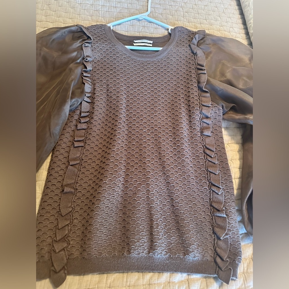 Anthropologie Chocolate Brown Puff‎ Tulle Sleeve Sweater - Picture 8 of 10